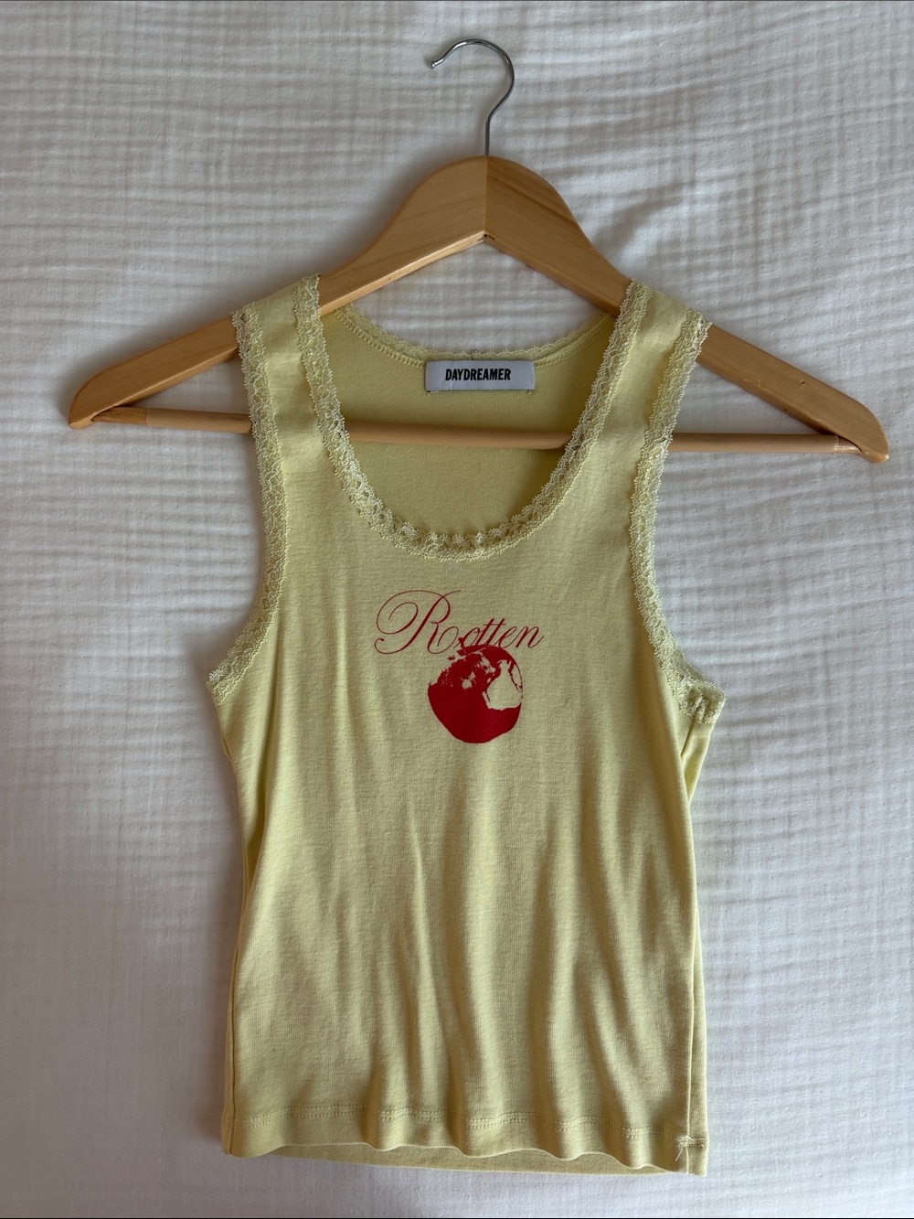 Daydreamer Pale Yellow Lace-Trim Graphic Tank with Red Print